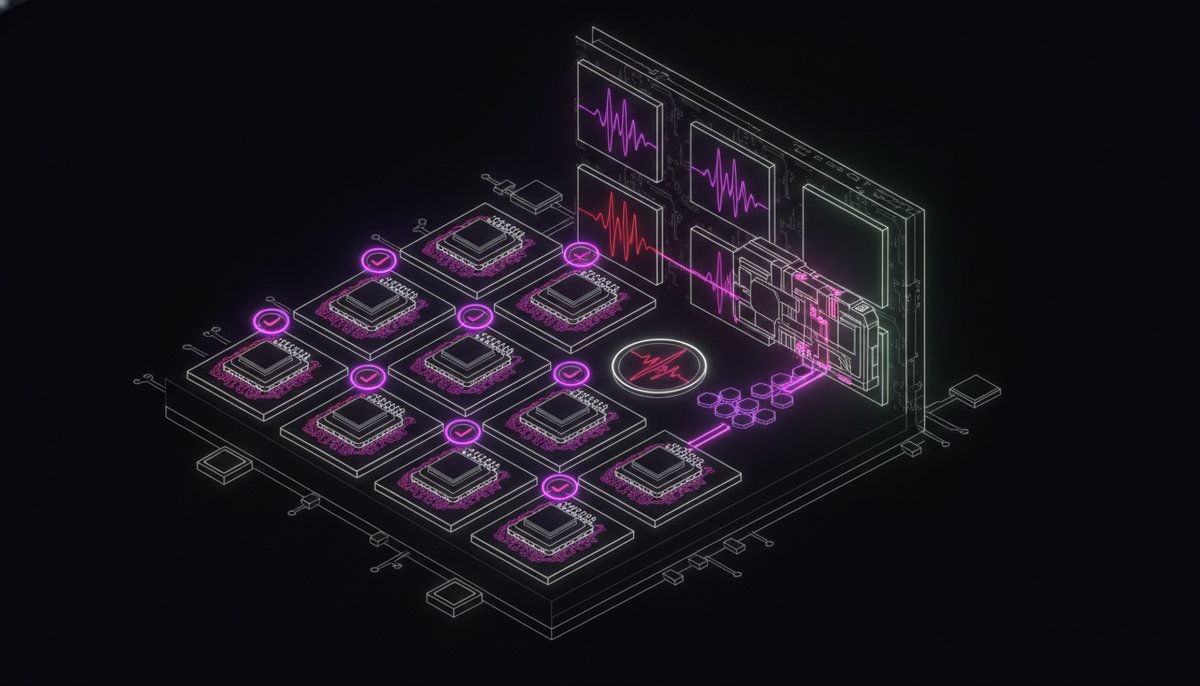 A new GPU docking into an almost-complete matrix of backend-comparison cells, its waveform snapping into overlap with a red GPU's