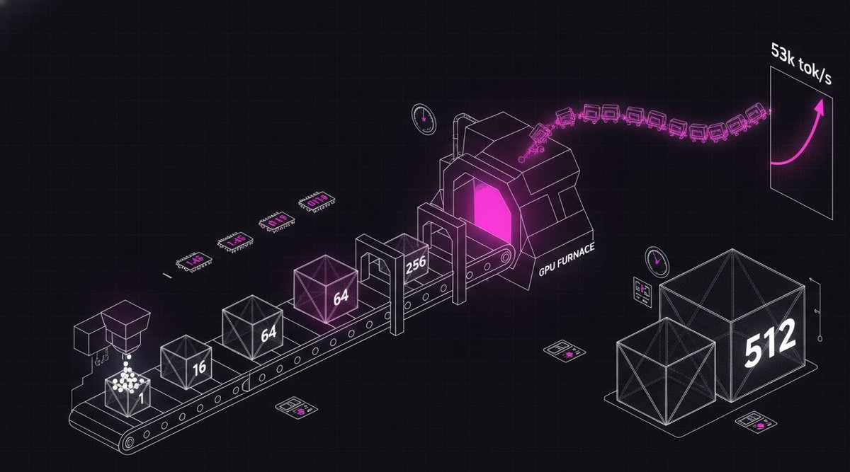 A conveyor packing tokens into growing batch crates feeding one GPU, output meter rocketing